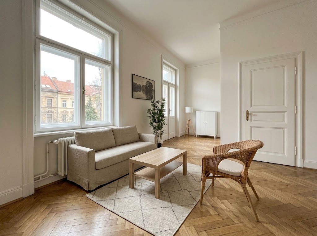 Salon vide avec parquet, aménagé par Roommie dans un style japandi avec de vrais meubles IKEA