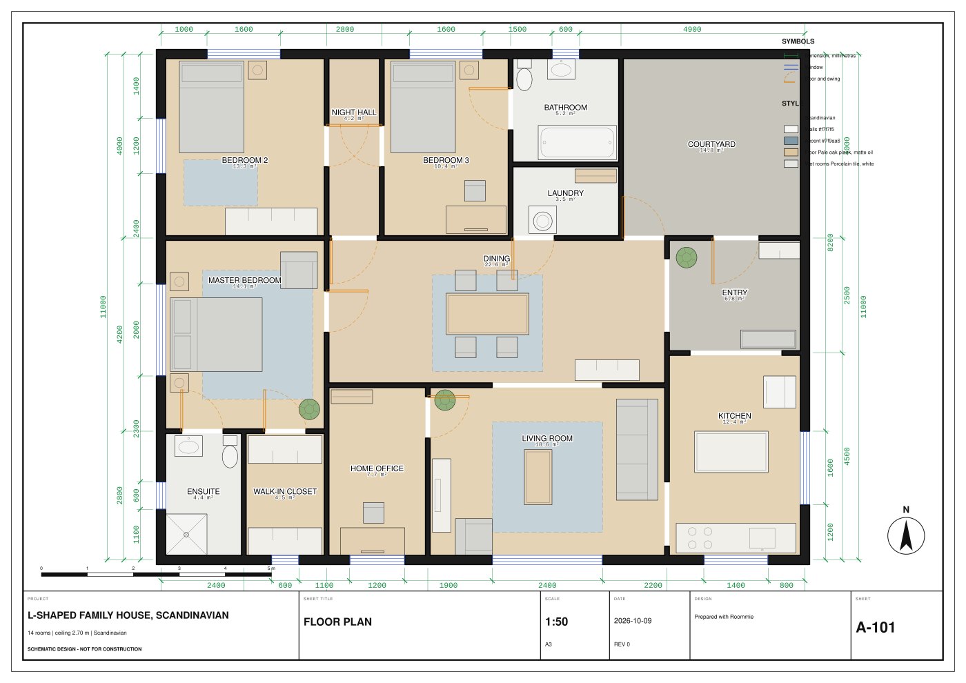Bemaßter Grundriss im Maßstab 1:50, von Roommie gezeichnet, mit Möbeln und Raumflächen